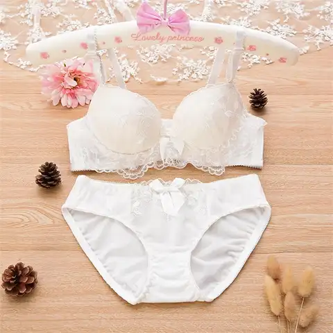 섹시한 란제리 세트, 레이스 플라워, 부드러운 언더와이어, 푸시업 브라 및 팬티, AB 컵 투피스, 한국 스타일 친밀한 패션
