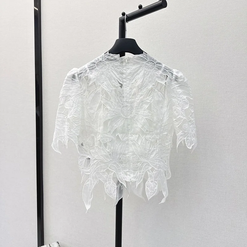 Tank top y2k spring and summer heavy embroidery hollow lace shirt T-shirt2024korean fashion short sleeve irregular top for women