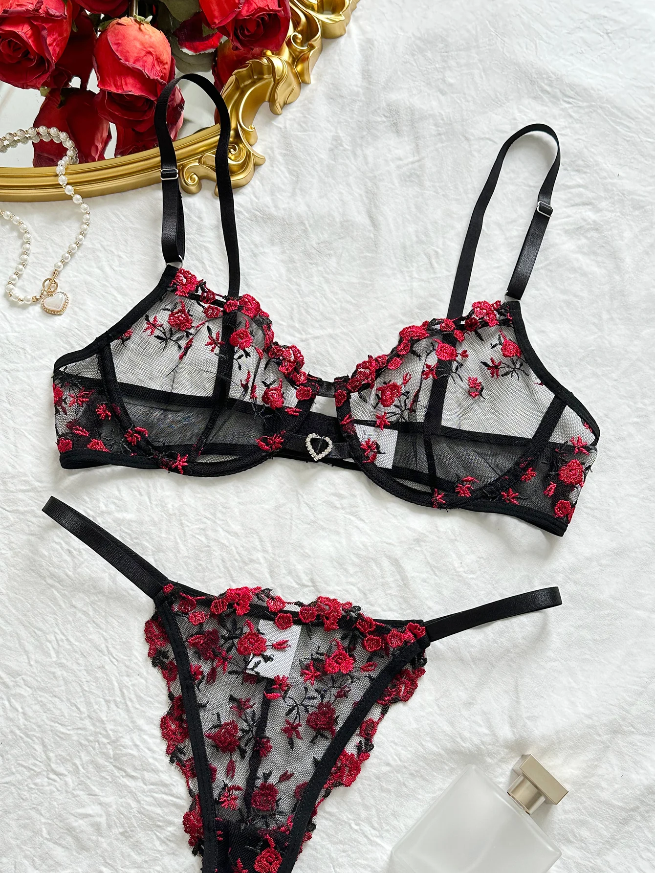 Women Floral Sexy Underwear Night Club Wear Heart Rhinestone Ultra Thin Lingerie UnderwearSet