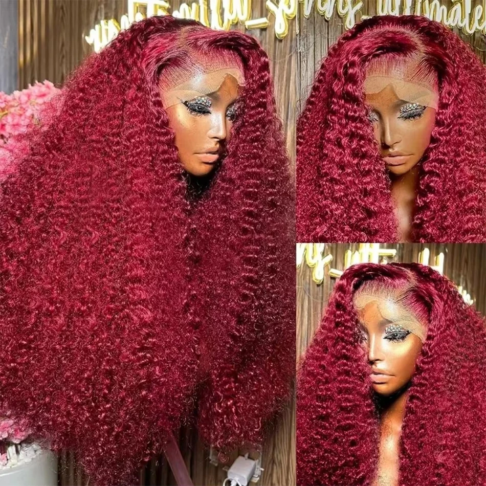 Burgundy 13x6 Hd Lace Frontal Human Hair Wig Deep Wave Curly Wigs For Women Water Wave Colored 99j Red 30 Inch Lace Front Wig image 4