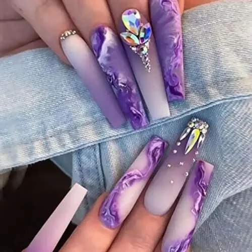 

24 Pcs Press on Nails Long Violet Fake Purple Full Cover False Nail Rhinestone Design Extra Acrylic Long Glue on Nail for Women