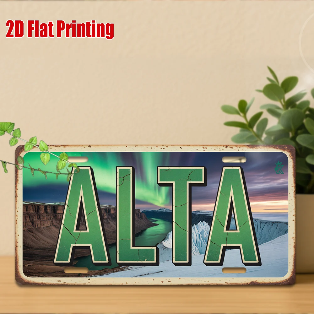 2D Flat,1pc,Vintage Metal License Plate, ALTA Aluminum Sign,Northern Lights Decor, Arctic Landscape Decor,Winter Landscape Decor
