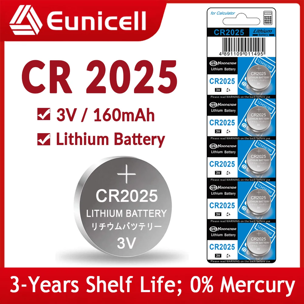 Eunicell 160 2600mah CR2025コイン電池電池cr 2025 DL2025 BR2025 LM2025 ECR2025 3 3vリチウムボタン電池用リモートキー