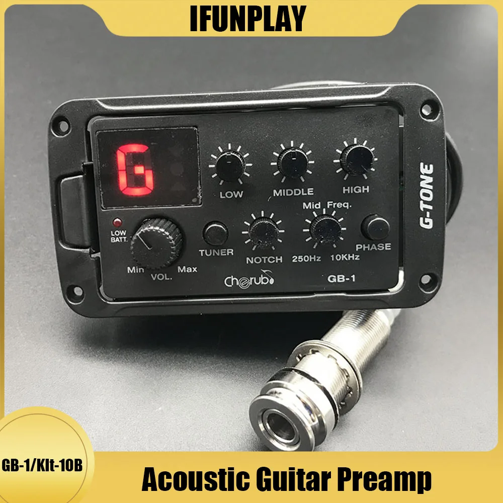 New Cherub Acoustic Guitar Preamp Guitar Equalizer 3-Band EQ with Tuner Phaser Notch Piezo Ceramic pick-up