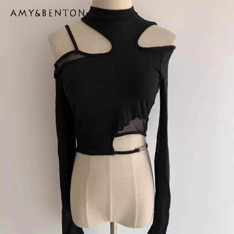 

Готический темный новый дизайн, субкультура Y2K, женская футболка в стиле панк-рок, уличная сетчатая прозрачная футболка с длинными рукавами, женские футболки