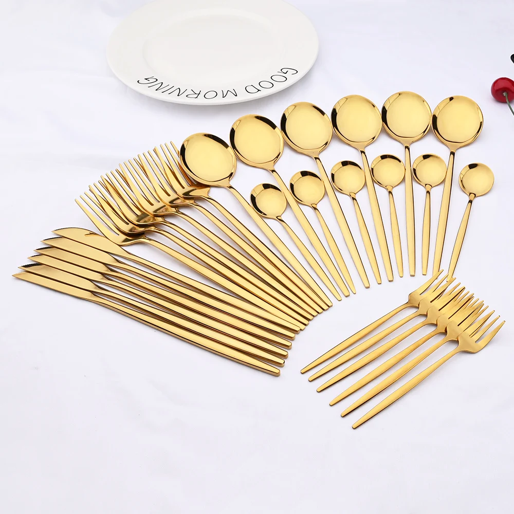 Champagne Cutlery Set Stainless Steel Flatware Set 24/30Pcs Dinnerware Set Gold Knife Cake Fork Coffee Spoon Kitchen Silverware