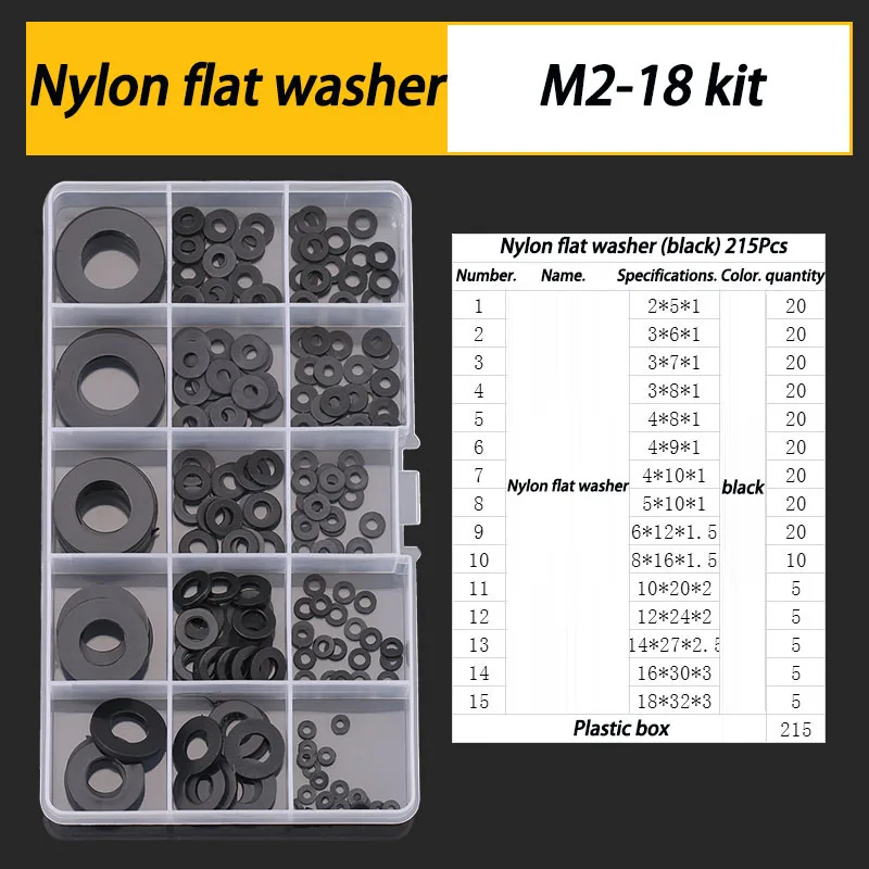 M2-18 Kit White 215pc Nylon Washer Flat Gasket M3-12 Kit Black 110pc Screw Rubber Gasket Sealing Hard Washers