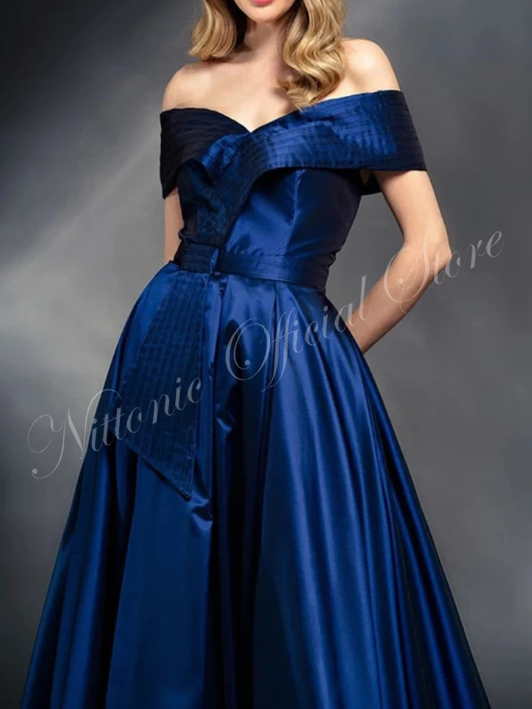 New Prom Dresses for Woman Simple Satin Off Shoulder Floor-Length A-Line Draped Formal Occasion Party Evening Elegant 2023