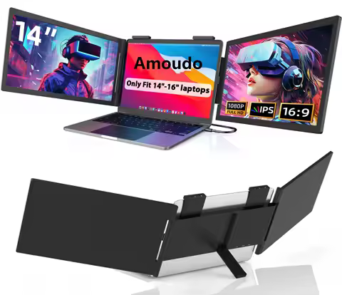 Monitor Portátil Duplo Amoudo de 14 Polegadas 1920*1080P IPS, Monitor Triplo Portátil com Porta USB-C para Laptops de 14-16,5 polegadas, Windows/Mac, Xbox