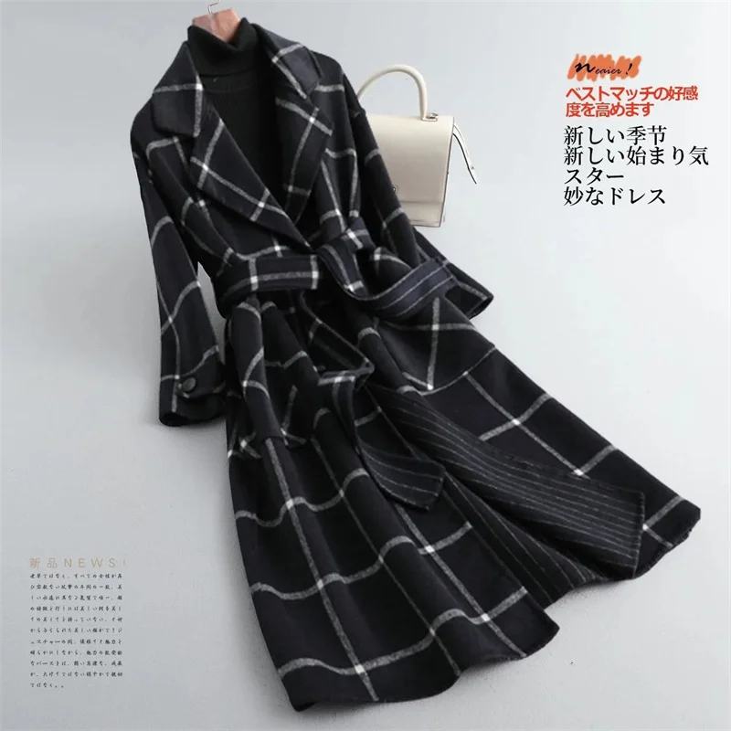 Double-Sided Plaid Coat For Women\'s Mid Length 2024 New Autumn and Winter New Korean Version Double-Sided Woolen Coat for Women