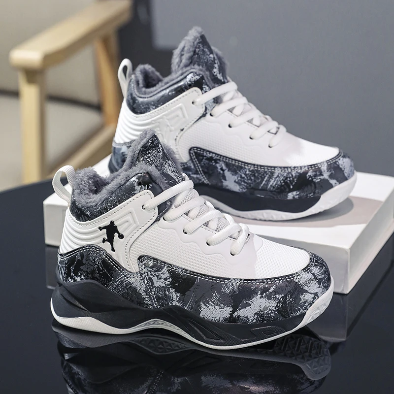 

Осенне-зимние флисовые хлопковые туфли с цветным кожаным верхом, детские баскетбольные кроссовки на толстой подошве, увеличивающие рост