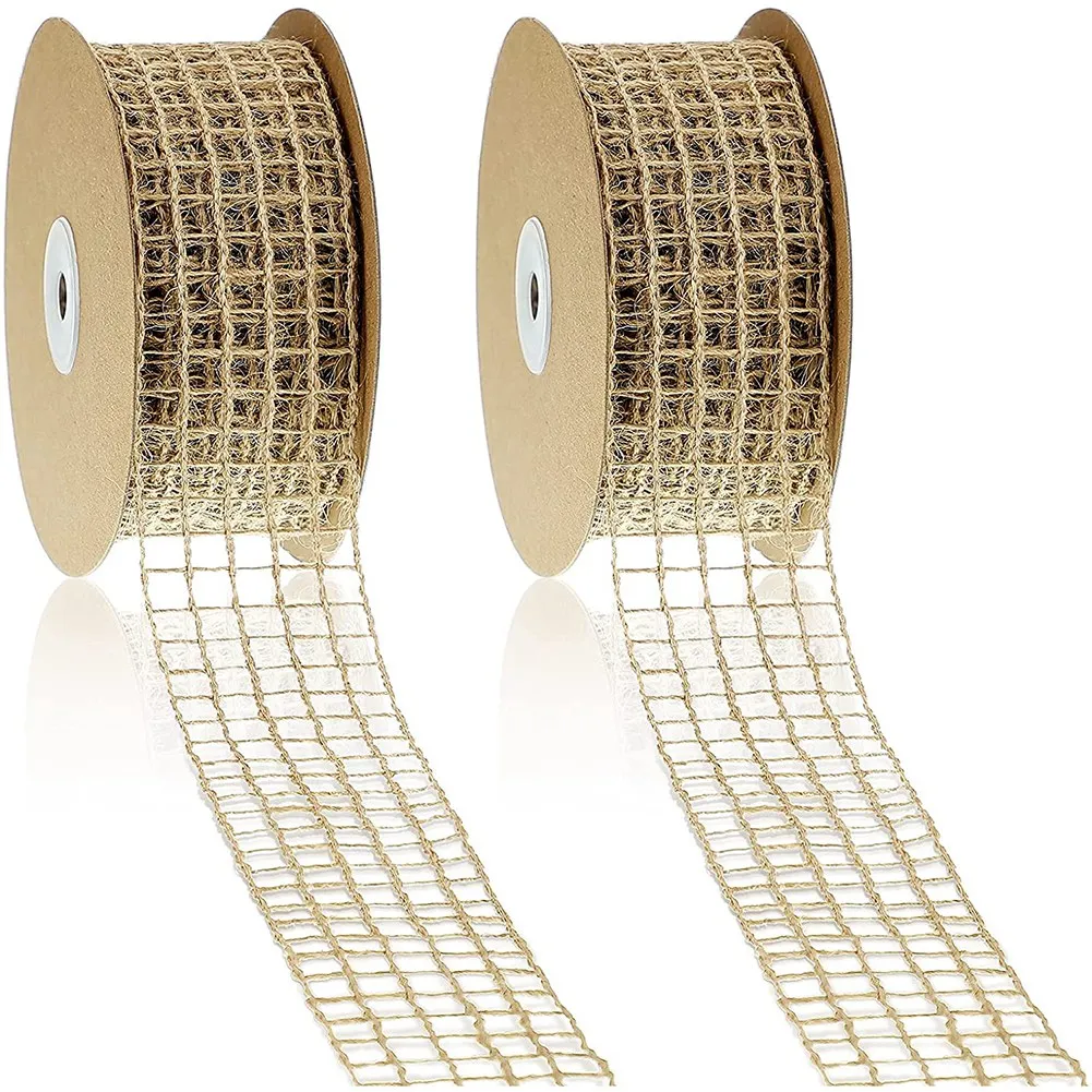 A45I 2 Rolls 20 Yards By 2.5 Inch Christmas Mesh Burlap Wired Ribbon Open Weave Burlap Net Ribbon Natural Fabric Ribbon