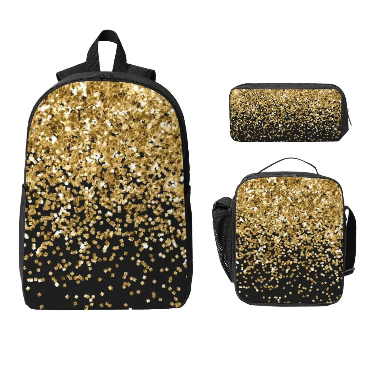 

Черно-золотой рюкзак с блестящим узором, студенческий рюкзак для мальчиков и девочек, школьная сумка, сумки на плечо, 3 шт., изолированная сумка для обеда, пенал