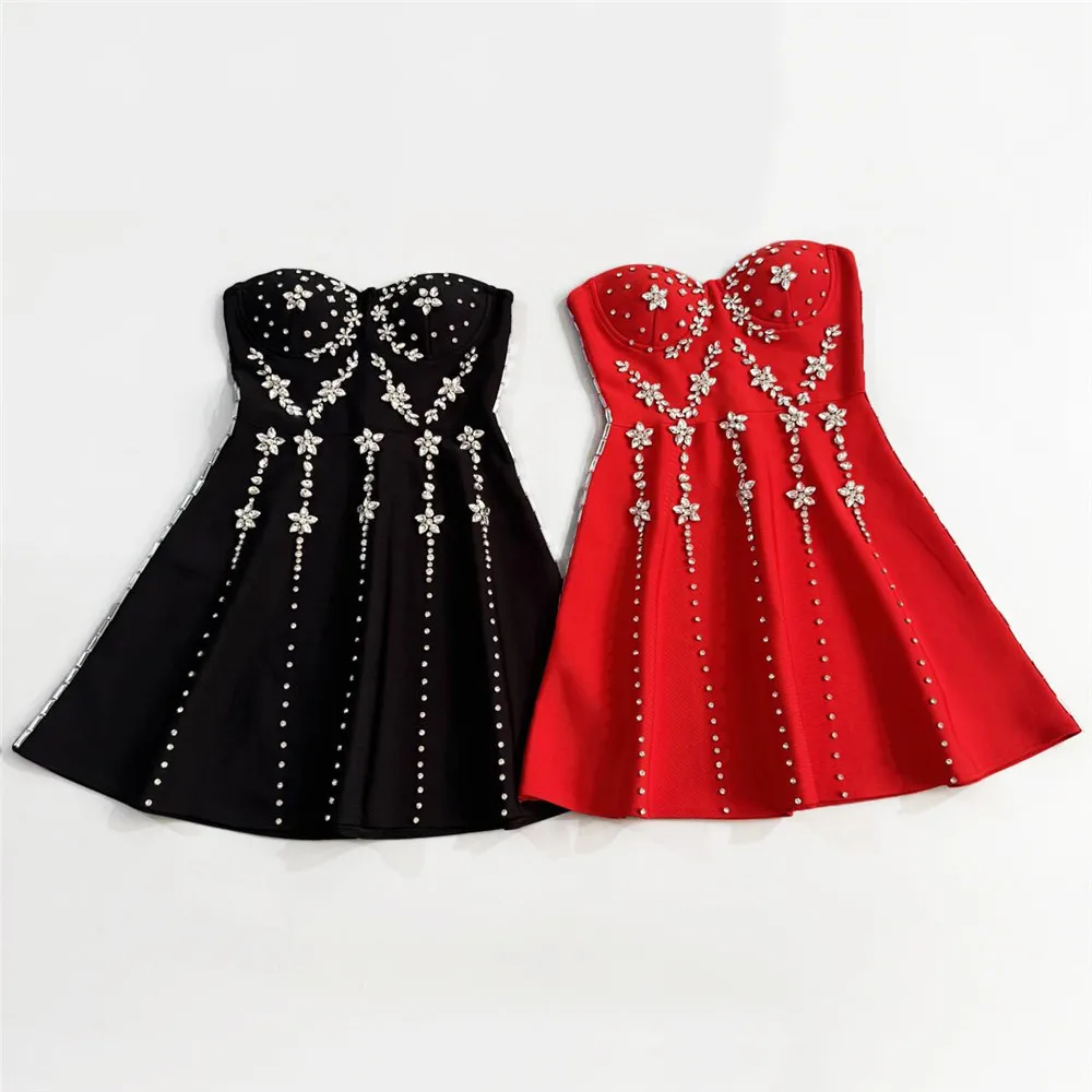 Women Luxury Beading Strapless Bandage Dress Elegant Clothes Club Party Celebrity Mini Dresses