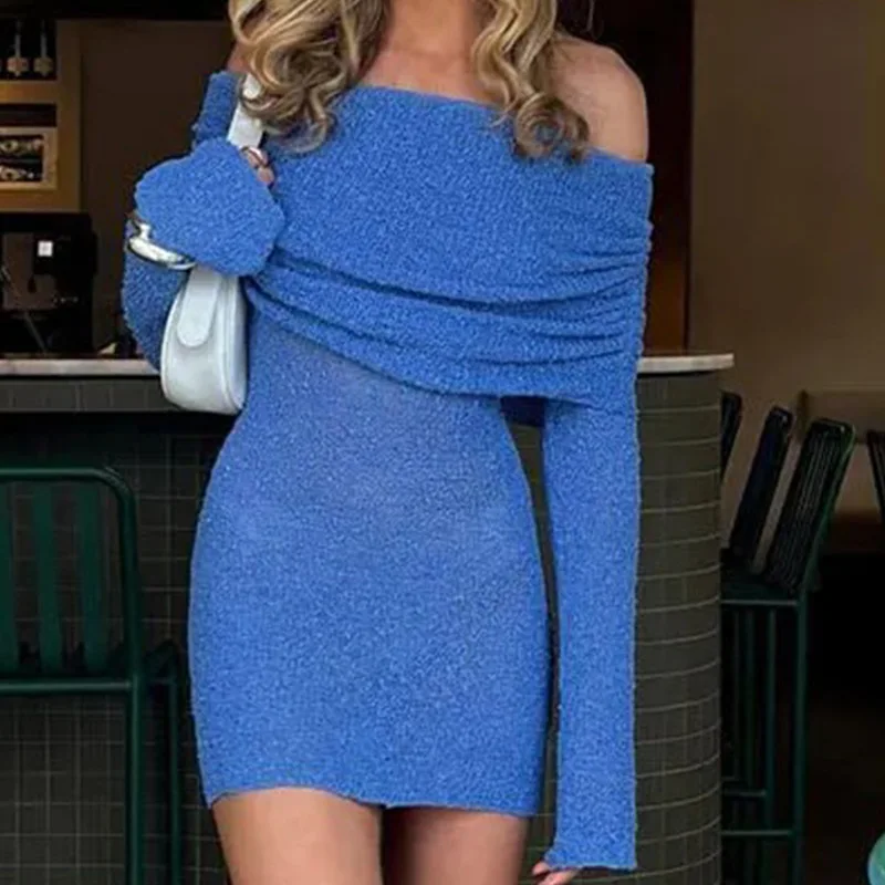 

Elegant Bodycon Short Party Dress 2024 Long Sleeve Blue Knitted Crochet Mini Off Shoulder Mesh Beach Holiday Dress