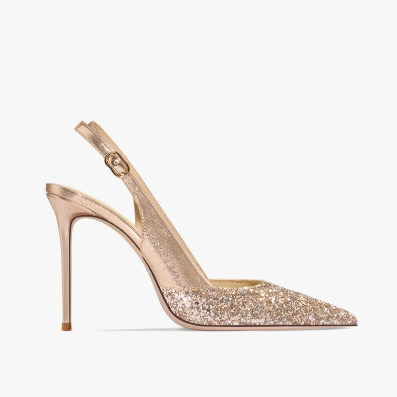 

2025 New Summer Luxury Heeled Sandals Gold Sequins Back Strap Pointed Toe Stiletto Pumps Elegant Comfortable Prom Women's Shoes