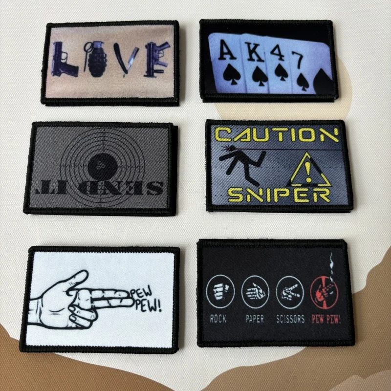 

Caution Sniper Morale Badge PEW PEW Sniper Shooting Hook&Loop Emblem Military SEND IT Tactical Patches Backpack Clothes Stickers