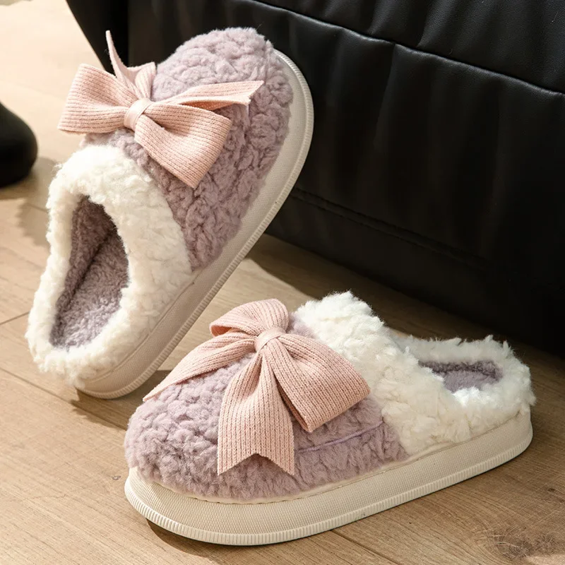 

Lace Bowknot Faux Fur Slippers for Women Sweet Winter Soft Plush Home Slippers Woman New 2023 Non-Slip Warm Indoor Cotton Slides