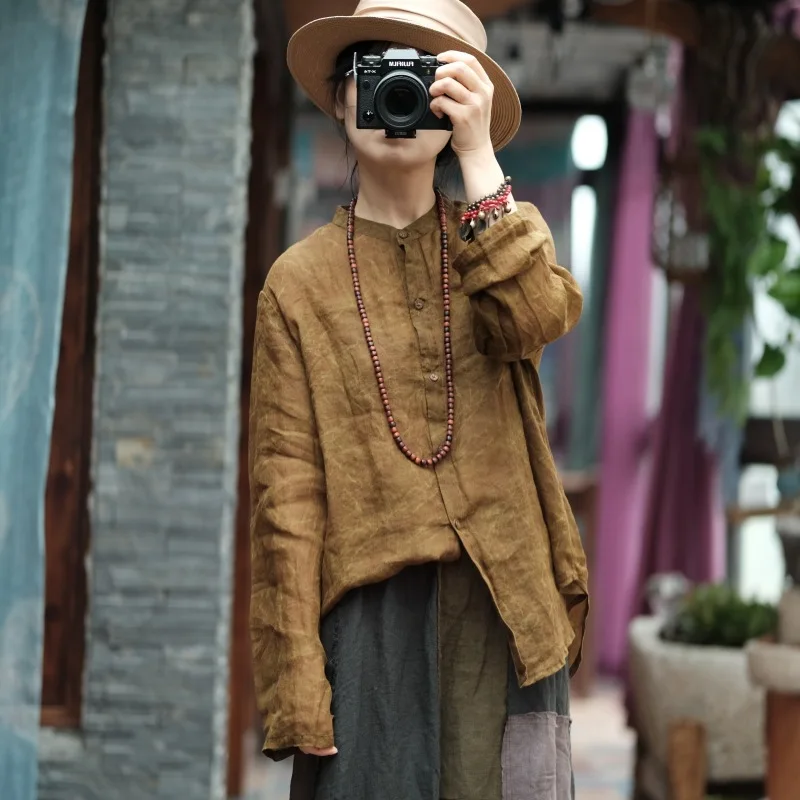 

2026 High Quality 100% Ramie Casual Shirt Spring and Summer Woman New Vintage Loose Tops Vintage Solid Color Long Sleeve Tunic