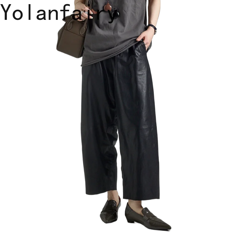 YOLANFAIRY Vegetable Tanned Sheepskin Leather Pants Women Elastic Waist Loose Wide Leg Nine Point Trousers Ultra Thin Soft Pants