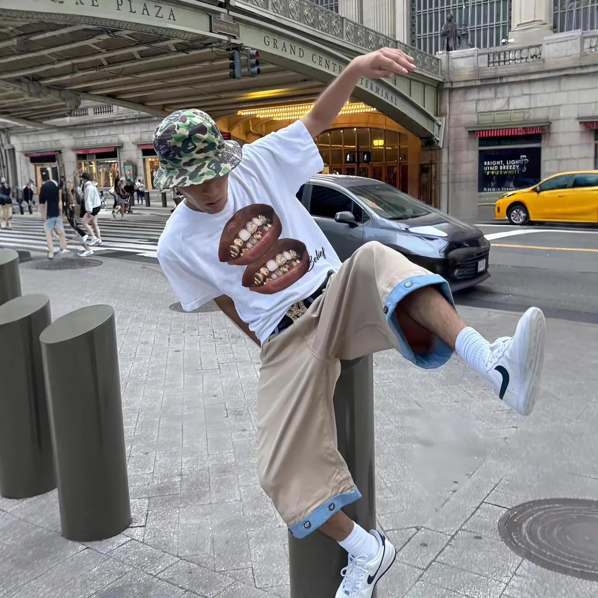 

American Fashion Street Personalized T-shirt Pure Cotton Loose Short Sleeve Summer Graphic Tees Fun Mouth Printed Grunge Tops