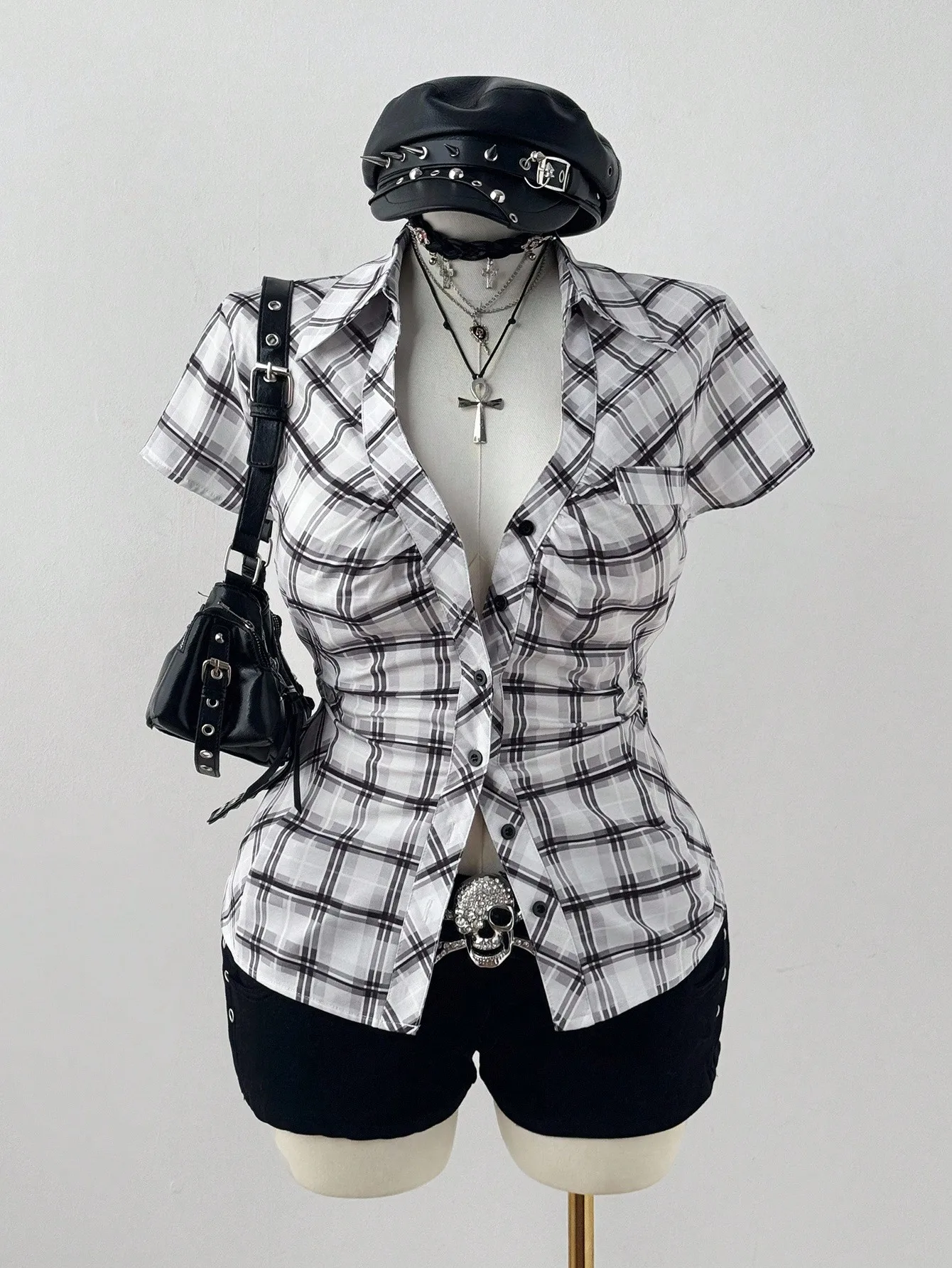 

Plus Size Plaid Short Sleeve Cinched Waist Shirt with Skull Belt - Gothic Punk Style