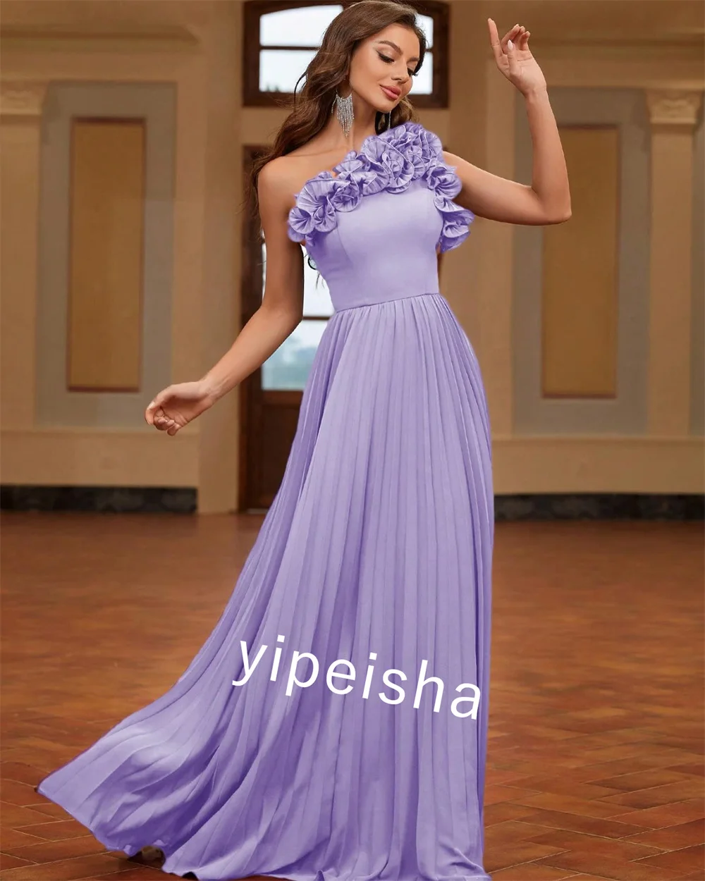 Customized Jersey Pleat Flower Celebrity Sheath One-shoulder  Bespoke Occasion Gown Long Dresses