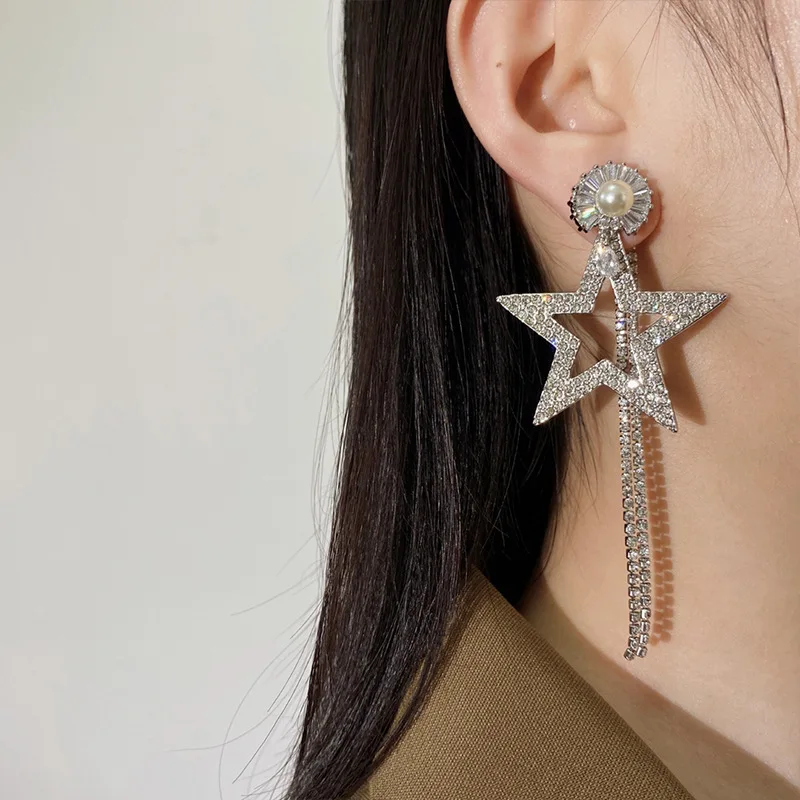 

European and American exaggerated pentagonal star long tassel with multiple wearing styles, designed earrings