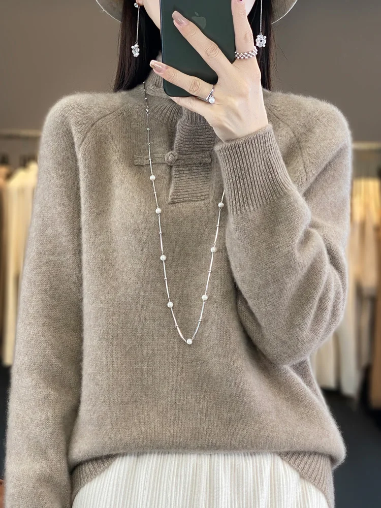 Women 100% Merino Wool Sweater Mock Neck Thick Chinese Knot Button Pullovers Autumn Winter Cashmere Knitwear Warm Soft Clothes