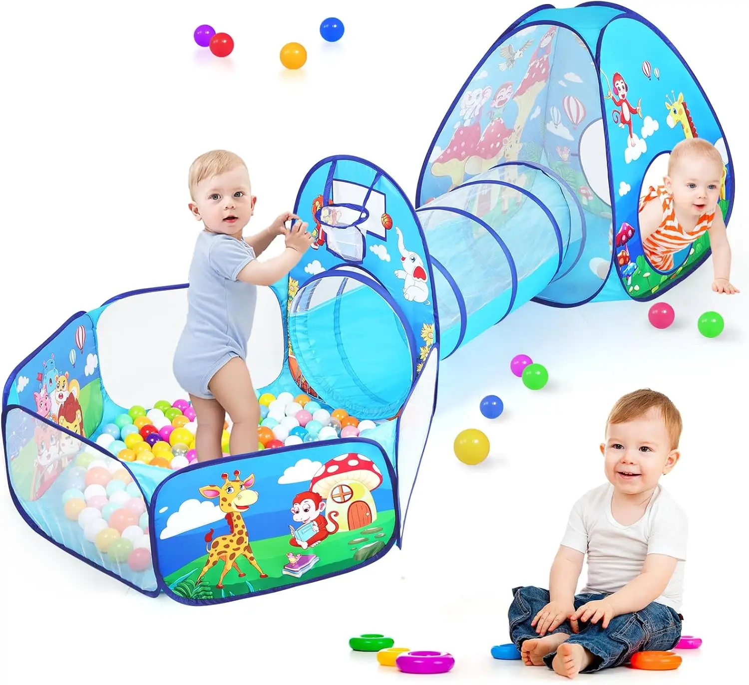 Tenda da gioco per bambini 3 in 1 per bambini con pozzo per palline e tunnel da gioco, casetta da gioco per interni ed esterni per bambini con tunnel da arrampicata giocattolo