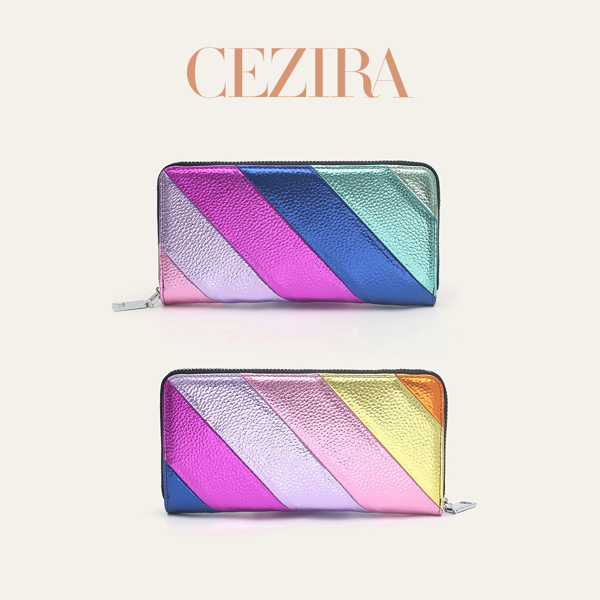 CEZIRA Women Fashion Metallic PU Leather Long Wallet Luxury Colorful Stripes Patchwork Phone Purse Large Capacity Zipper Clutch