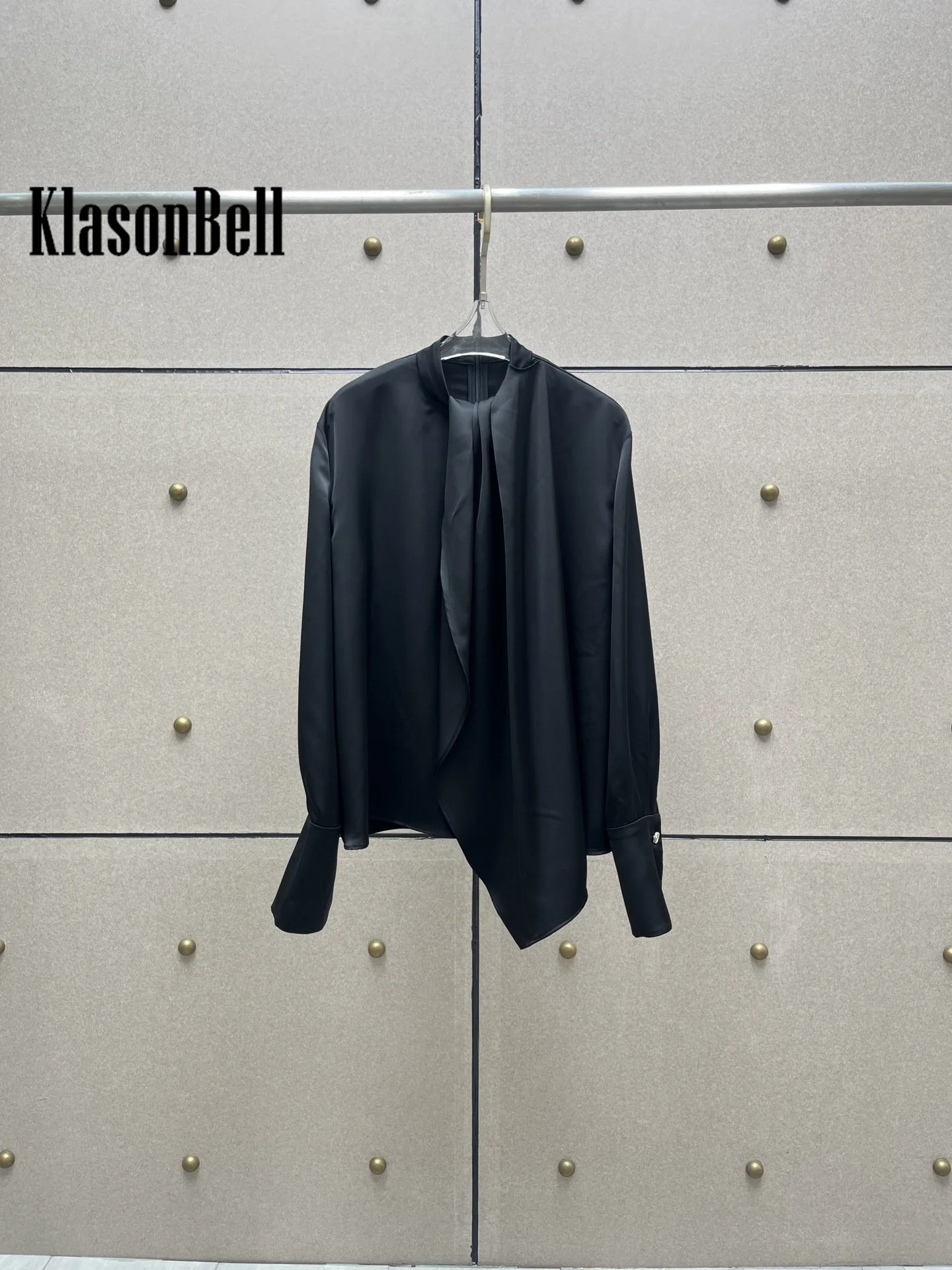 8.22 KlasonBell Women Temperasment Fashion Rose Button Long Sleeve Blouse Back Zipper Ribbon Stand Collar Satin Shirt