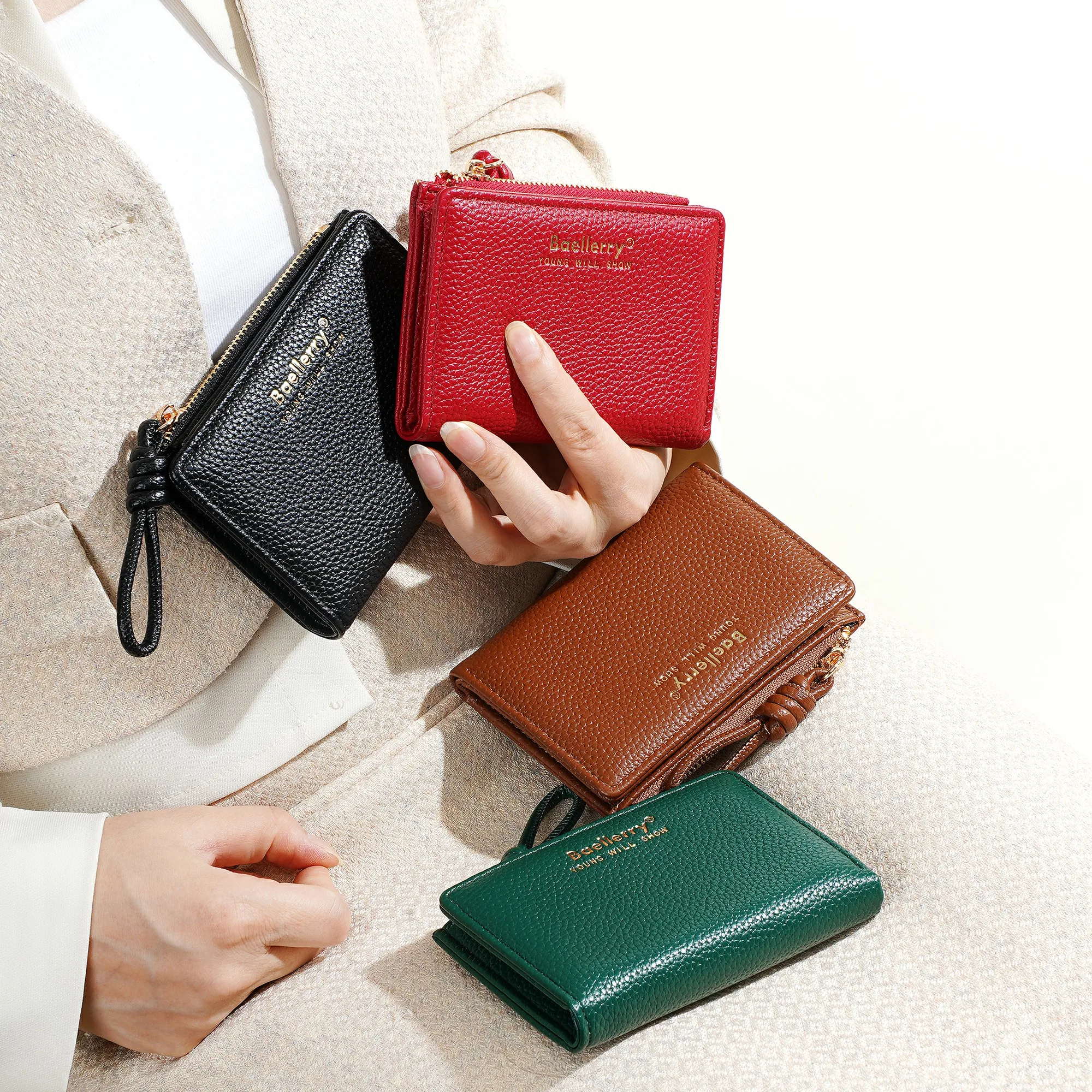 1 Stück – Baellerry Damen-Kurzgeldbörse, aus PU-Leder mit Handgelenkschlaufe, lässige Geldbörse mit Lychee-Muster, leicht, elegant, minimalistischer Stil, Alltagsgeldbörse – Detail 37