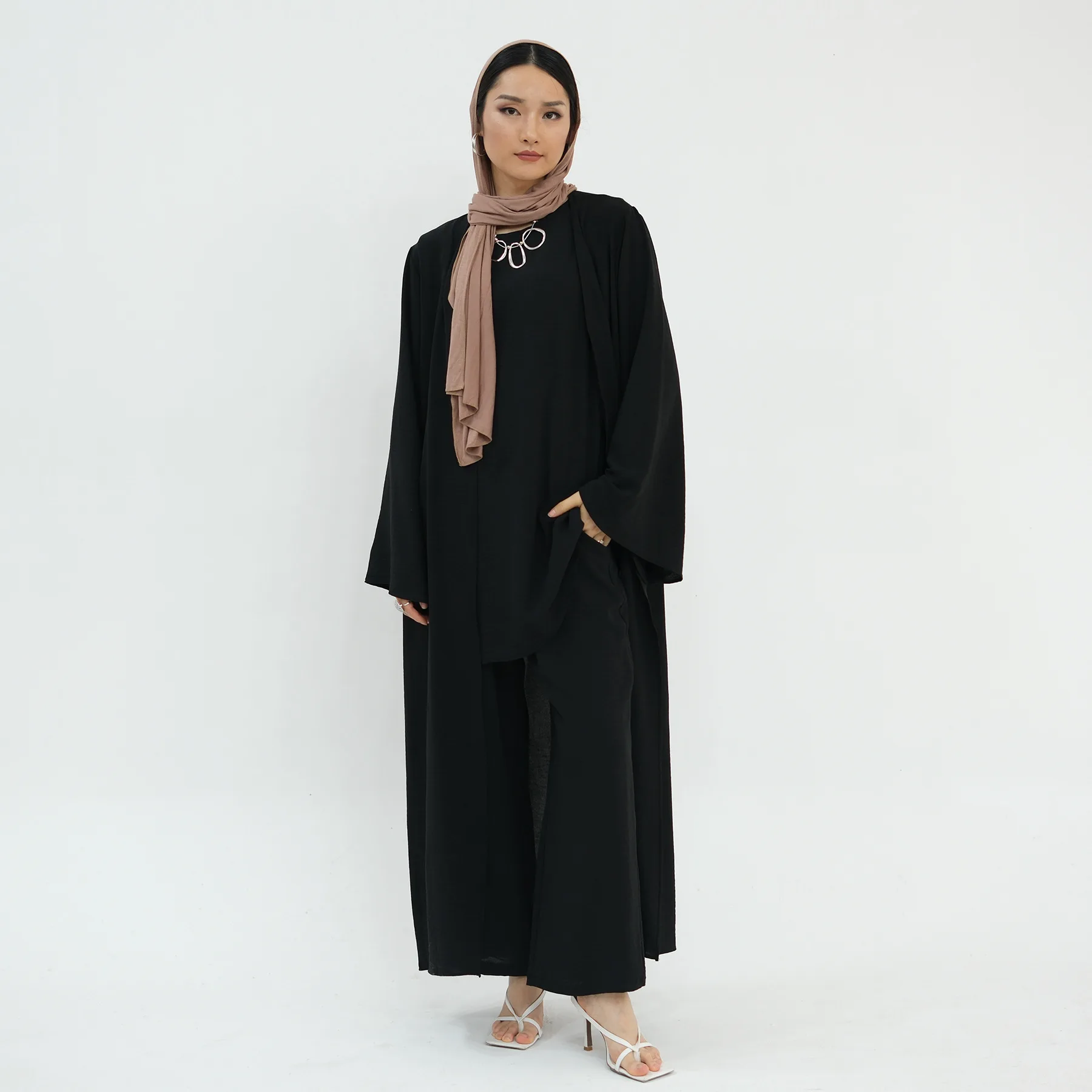 Eid Muslim Three Piece Sets Women Abaya Cardigan Tops Wide Leg Pants Suits Modest Kaftan Ramadan Morocco Abayas Ensembles