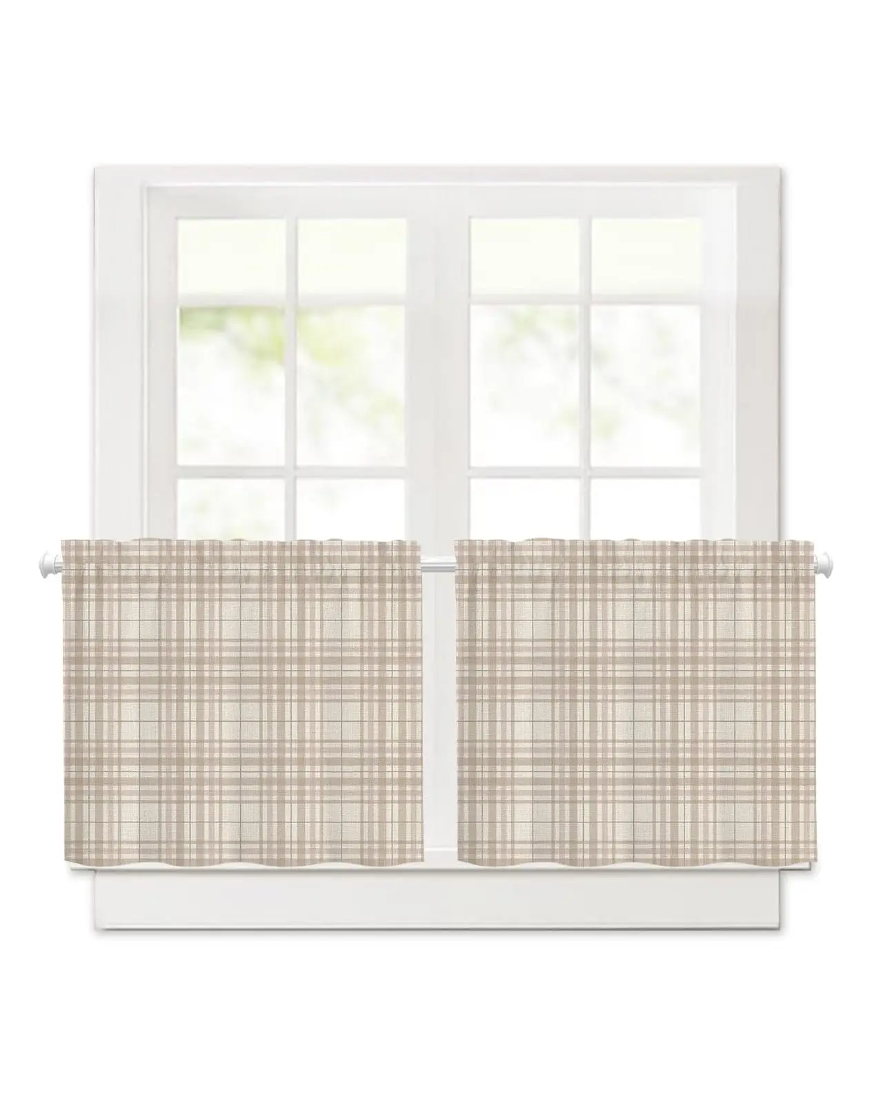 Buffalo Plaid Kitchen Curtains - 45 Inch Length Kitchen Window Curtains Over Sink - Short Blackout Curtain - Sand Beige