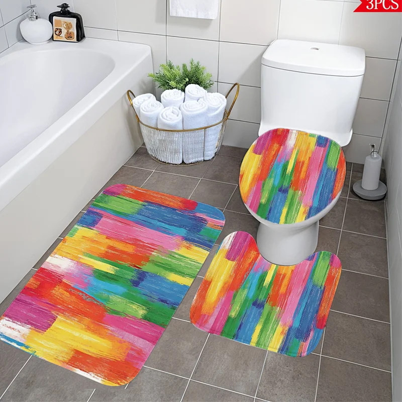 

Colorful Abstract Bath Set Three Piece Mat Toilet Lid Cover and U Shaped Rug Flannel Soft Non Slip Surface for Decorative Use