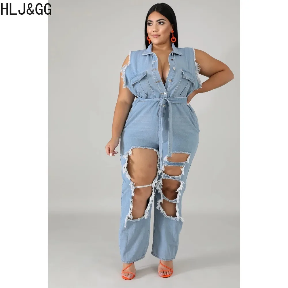 HLJ&GG Plus Size Blue Fashion Denim Hole Bandage Jumpsuits Women Turndown Collar Sleeveless Lace Up Playsuits Female Overalls