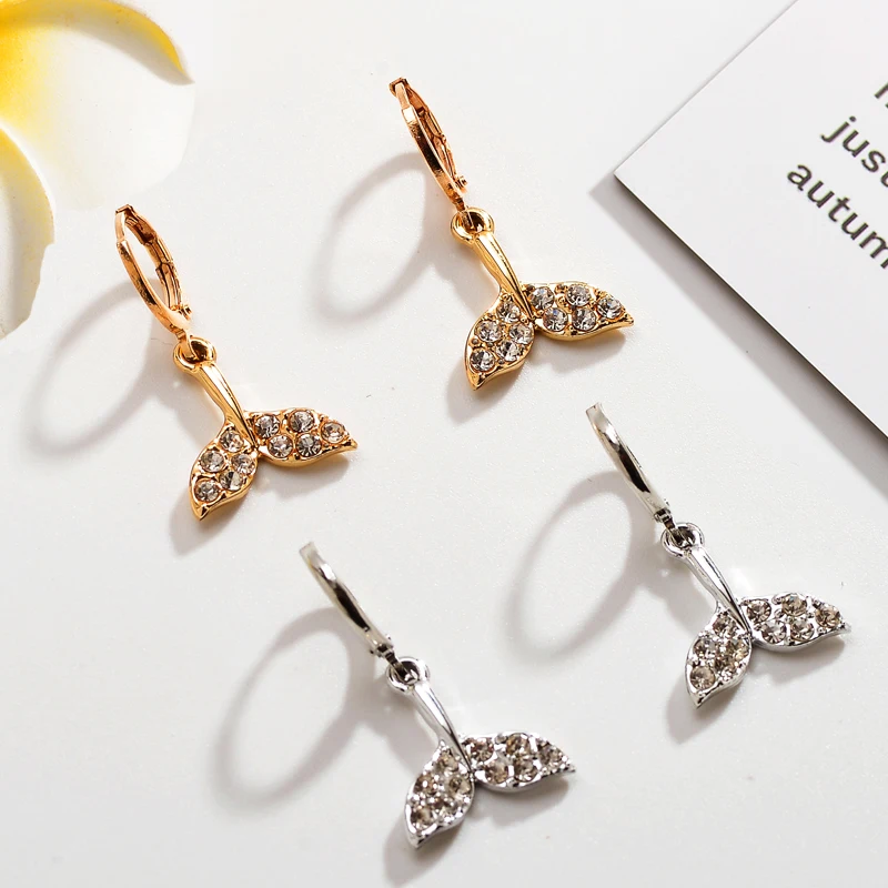 

2Pairs/Lot Zircon Unique Cute Mermaid Tail Pendant Small Hoop Earrings Women Gold Color Metal Fish Earrings Charms Jewelry Gifts