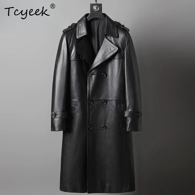 Tcyeek Natural Cowhide Coats Man Long Over Knee Trench Coat for Men Autumn Winter Clothes Casual Trendy Double-breasted 가죽점퍼