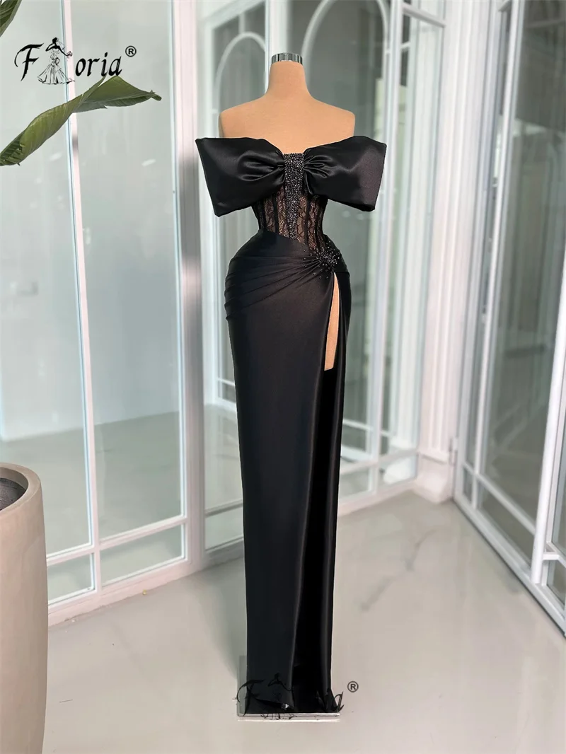 Elegant Mermaid Prom Dresses Black Bow Beads Slit Evening Party Dress Formal Night Cocktail Gown Custom Made robes de soirée