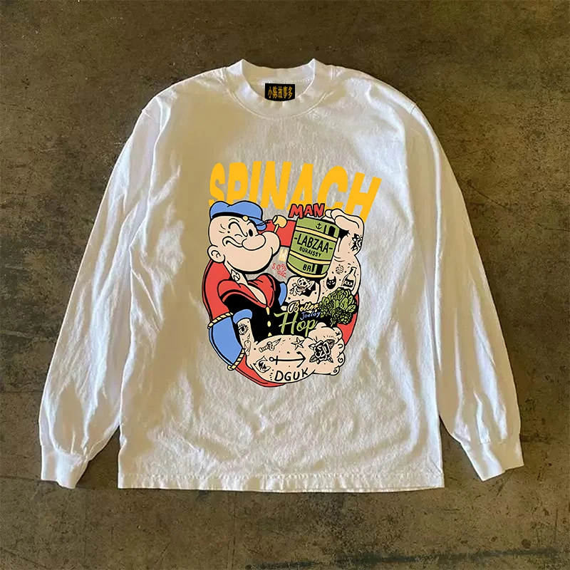 Heavyweight 310g Pure Cotton Long Sleeve American Retro T-Shirt Streetwear Versatile MiaoCheng Story T-Shirt for Teens And Men