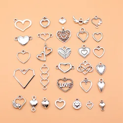 30pcs Antique Silver Color Heart Charms Collection For DIY Jewelry Making, 30 Styles, 1 of Each