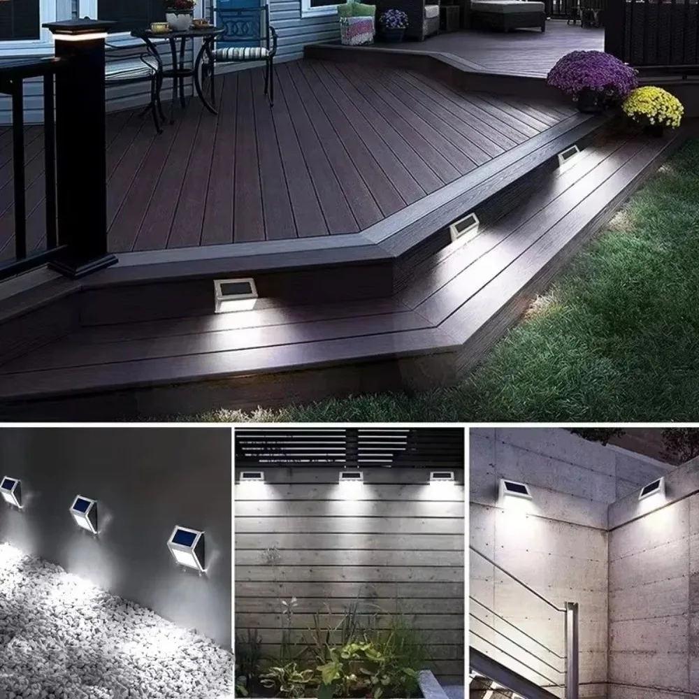 Stainless Steel 3LED Step Light Waterproof Warm Light Solar Fence Lights Easy Installation Deck Lights