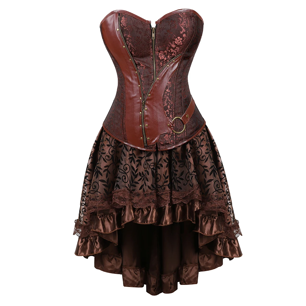 Brown Medieval Gothic Steampunk Faux Leather Overbust Corset With Skirt  Plus Size Pirate Costume Dress