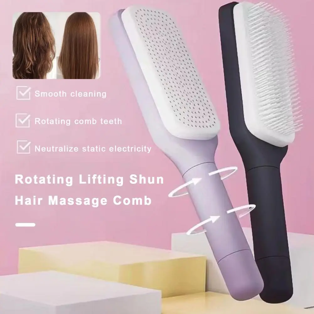 24.6cm Massage Comb One-Key Self Cleaning Hair Brush With Long Handle Anti-static Hairdressing Retractable Combage Hair Brush