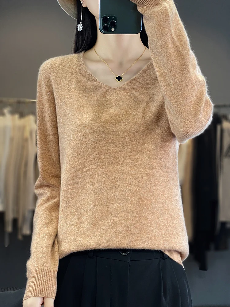 

Long Sleeve Women Sweater Autumn Winter V-neck Pullover 100% Merino Wool Bottoming Basic Cashmere Knitwear Clothing Fashion Tops