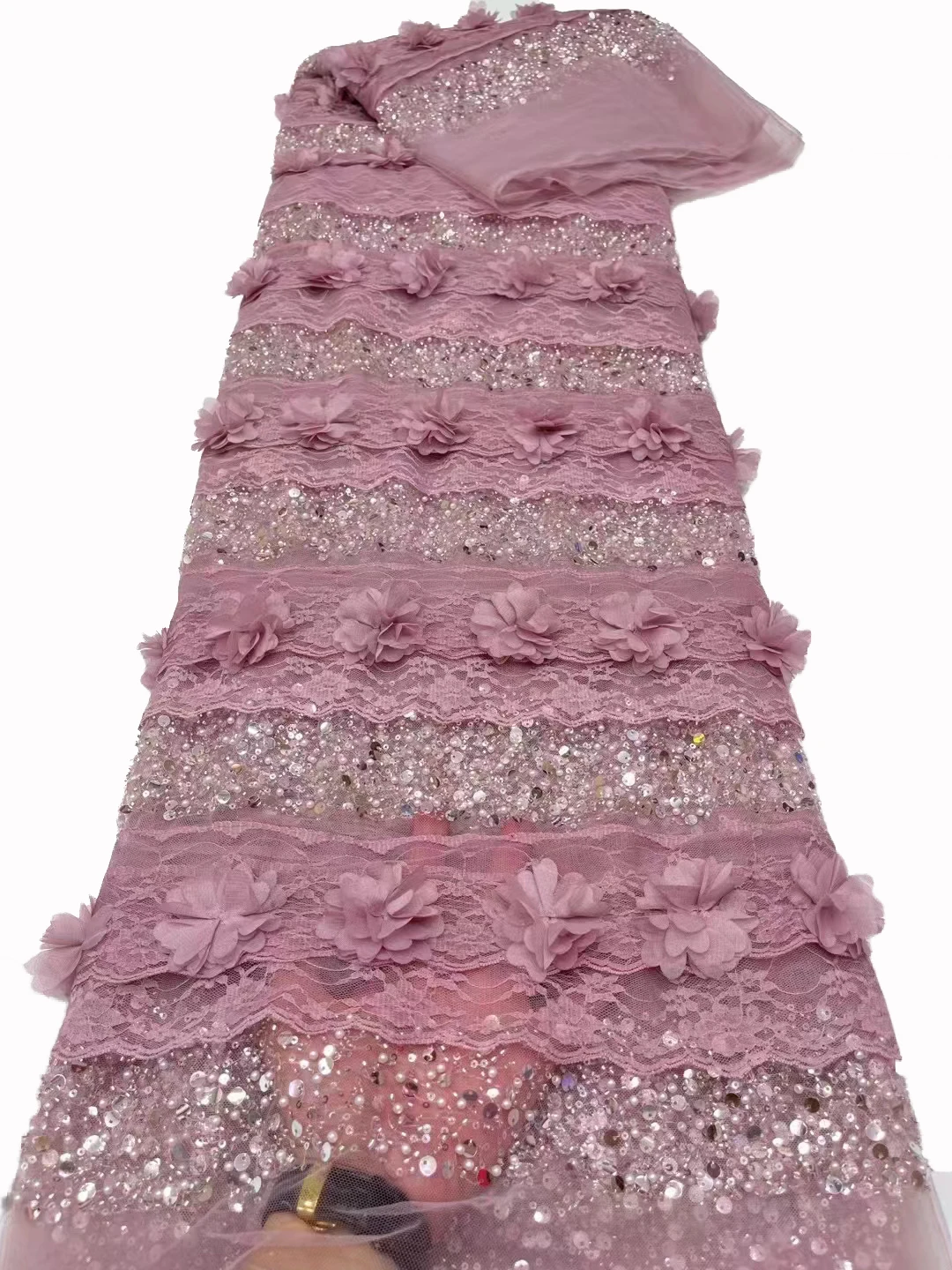 ชุดเดรสลูกไม้ปักเลื่อมลูกปัดแฟชั่นลายคลื่นลายลูกปัดใสดอกไม้สามมิติตาข่ายฝรั่งเศส