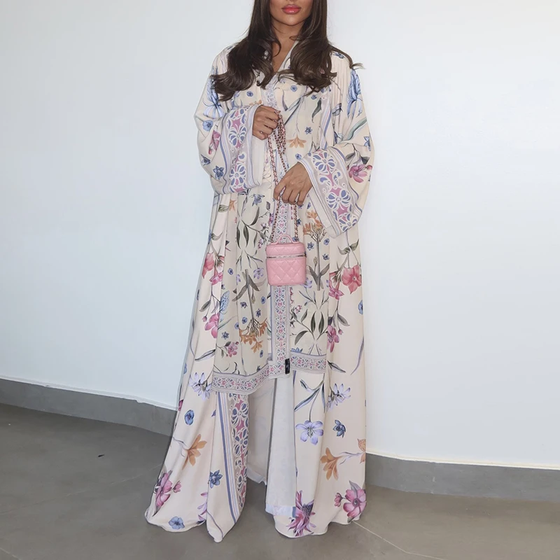 Floral Print Long Sleeved Loose Muslim Cardigan Elegant High Street Swing Vacation Jackets 2025 New Women's V Neck Autumn Coat
