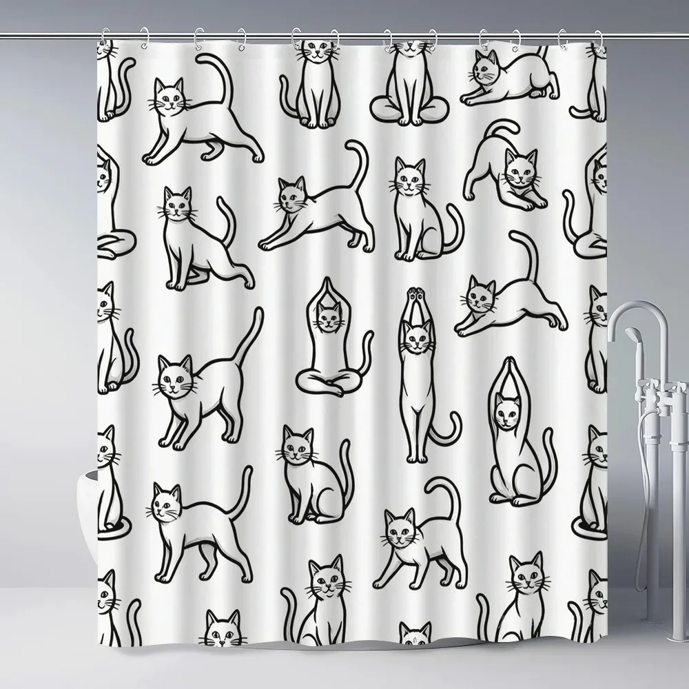 Funny Cat Line Art Pattern Shower Curtain Bathroom Decor Novelty Pet Animal Print Waterproof Shower Curtain