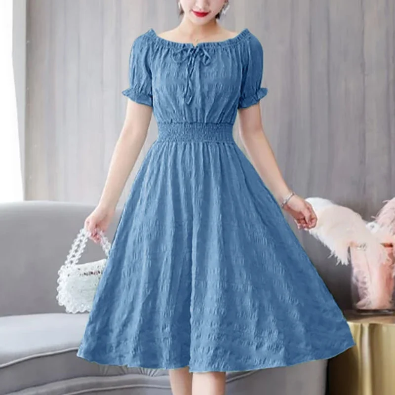 

Summer New Solid Color Folds Lace Up Chiffon Dress Ladies One Word Collar Casual Fashion Waist Midi A-line Robe Femme Vestidos